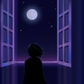 Silhouette of a little child is standing near the window and looking at the moon and starry sky. Royalty Free Stock Photo